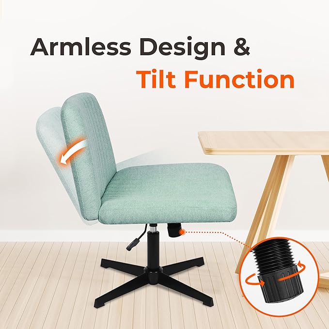 NEO Chair Criss Cross Chair No Wheels Armless Cross Legged Office Desk Wide Comfy Vanity Makeup Chair Adjustable Computer Task for Home Office Fabric (Mint)