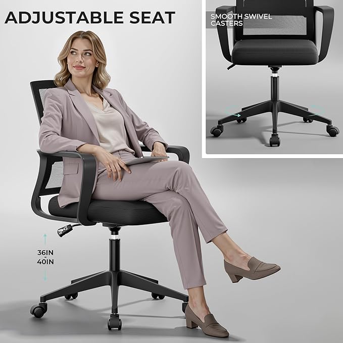 SUKIDA Desk Chair Mesh Office Chair with Upholstery Executive Office Chair with Armrests, Mid-Back Task Chair Height-Adjustable Computer Chair, Black