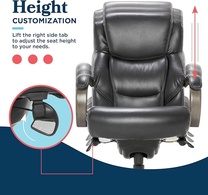 La-Z-Boy Delano Big and Tall Executive Office Chair - Ergonomic Lumbar Support Memory Foam - Bonded Leather Desk Chair for Home Office - Weathered Grey Wood Arms - Black