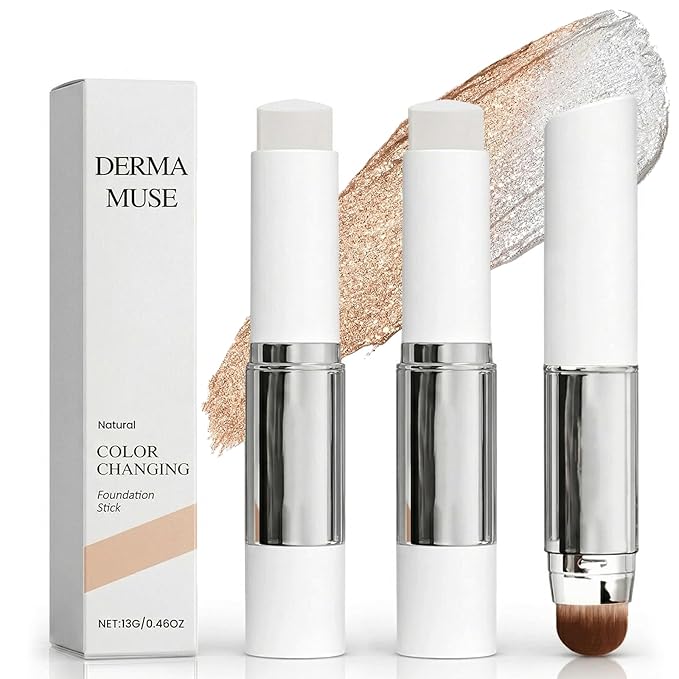 Korean Color Changing Foundation, 2 in 1 Color Changing Foundation Stick, Concealer Foundation Sticks for Dewy Skin, Dual-Ended with Detachable Brush, Natural (2PCS)