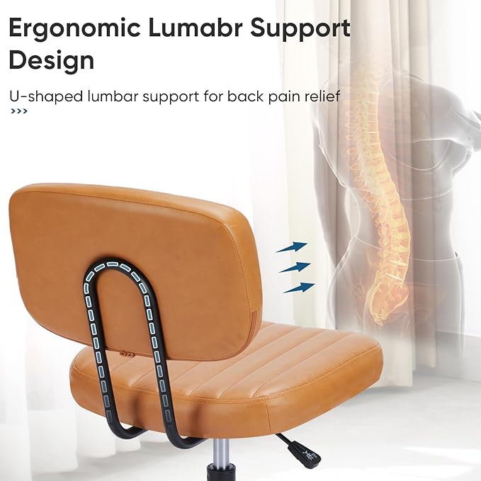 DUMOS Armless Small Home Office Desk Chair - Vanity Task Chair with Low Back, Height Adjustable PU Leather Swivel Computer Chair with 360° Rolling Wheels, Deep Brown