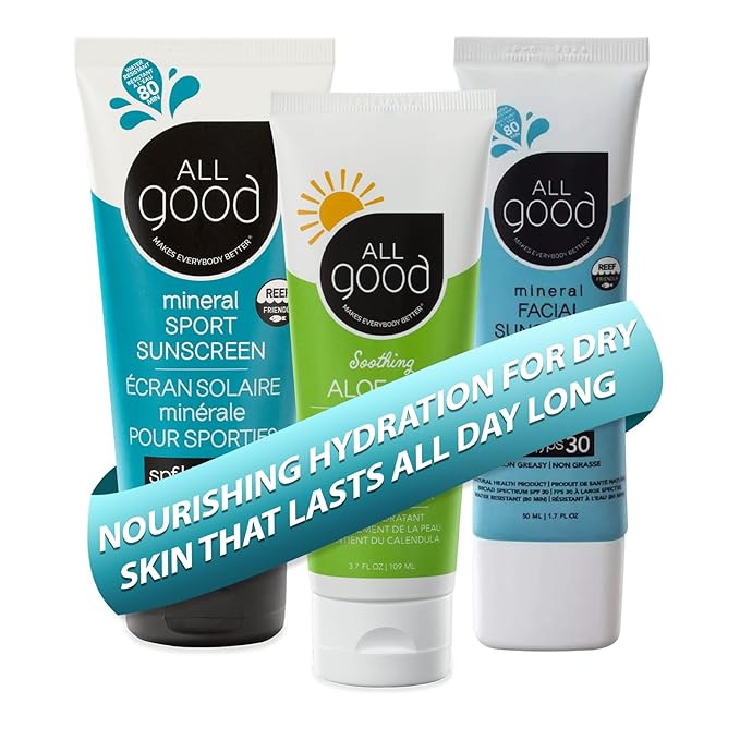 All Good Sport Mineral Sunscreen, Aloe Gel & Facial Sunscreen Bundle - UVA/UVB Broad Spectrum SPF 30+, Water Resistant - Includes (2) SPF 30 Sport Sunscreen, (1) Aloe Gel & (1) Facial Sunscreen