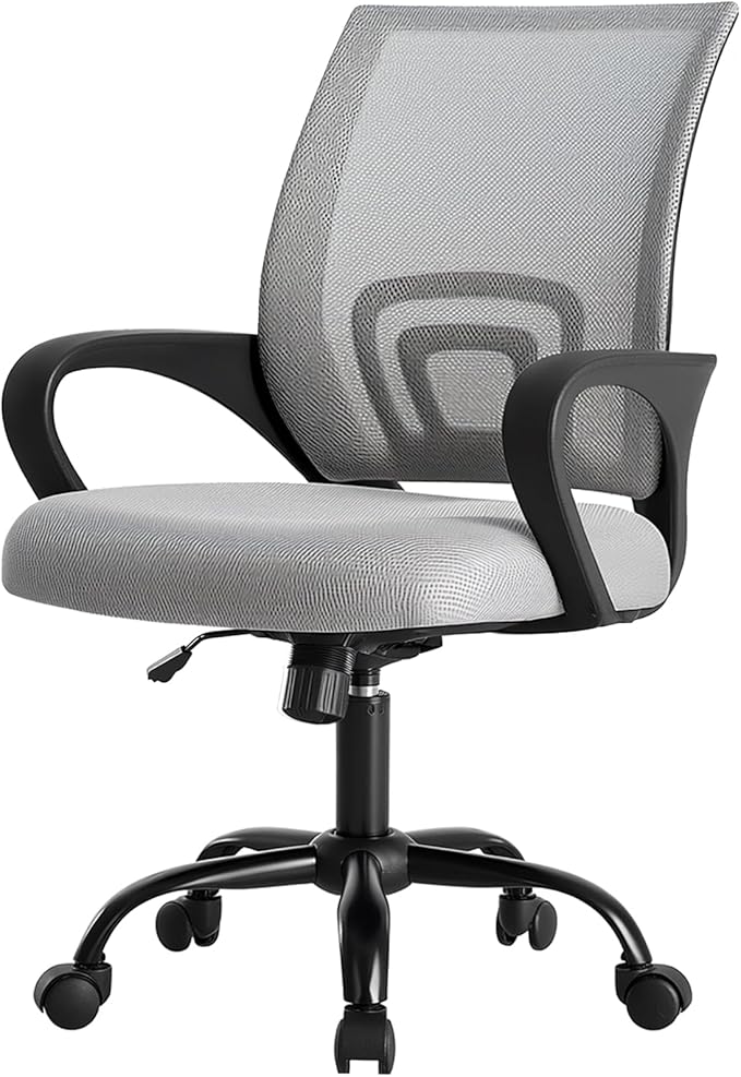 DUMOS Home Office Chair - Ergonomic Mid Back Mesh Desk Chair with Lumbar Support & Rocking Mode, Height Adjustable with Fixed Armrest, for Computer, Gaming, Meeting, 360° Swivel, Grey