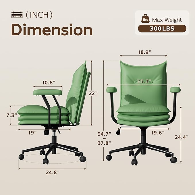Sage Green Office Chair with Triple-Layers Thicken Wide Seat, Mid Back Leather Desk Chair with Wheels and Arms, Mid-Century Modern Computer Chair for Home Office