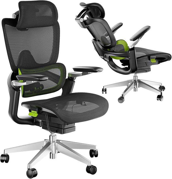 Ergonomic Office Chair, Mesh Home Office Desk Chair with Adaptive Lumbar Support, Gaming Chair with Headrest, 5D Armrest,90-130°Tilt, BIFMA Certified, Model Zen (Green)