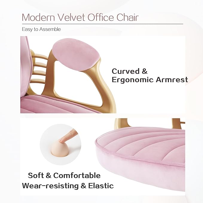Velvet Home Office Chair with Gold Arms and Legs, Comfortable Upholstered Tufted Swivel Desk Chair Comfy with Wheels for Girls Women Study Bedroom Living Room, Pink