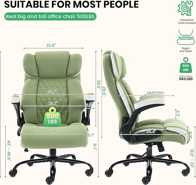 500lbs Big and Tall Office Chair Adjustable Lumbar Support for Back Pain, Extra Wide Seat Executive Office Chair Thick Armrest Pad, Heavy Duty Base&Upgraded Wheels, Ergonomic Comfy Computer Desk Chair