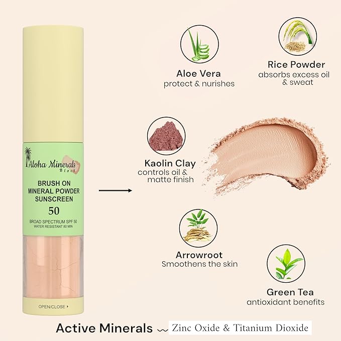 Aloha Minerals Block Brush-On Mineral Powder Sunscreen For Face, SPF 50, Water Resistant, Broad Spectrum, Natural Mineral Blend, Oil Abrosbent, Tropical Scent, Carrot Seed Extract, 0.21oz