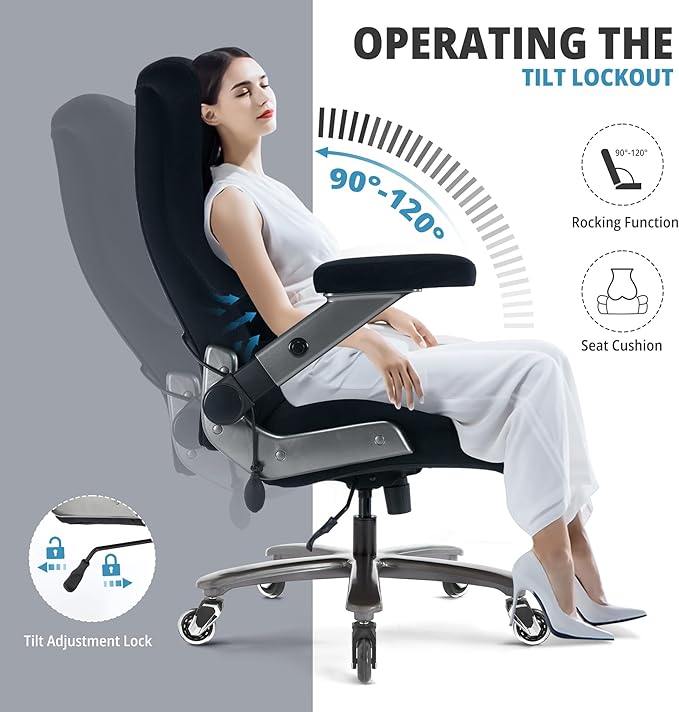 Big and Tall Office Chair 700lbs- Fabric High Back Executive Computer Chair with Adjustable Lumbar Support 3D Flip Arms Plus Size Rubber Wheels- Extra Wide Large Desk Chairs, Heavy Duty Metal Base