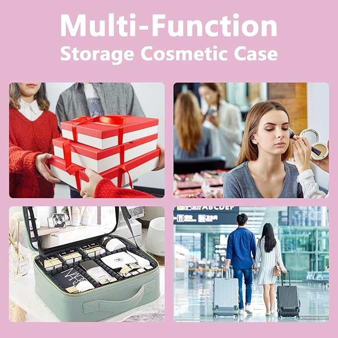Makeup Bag with Led Mirror,Large Vanity Makeup Cases with 3 Color Setting,Portable Storage and Adjustable Dividers,for Women and Makeup Artists Cosmetic Organizer Travel Makeup Bag-Light Pink