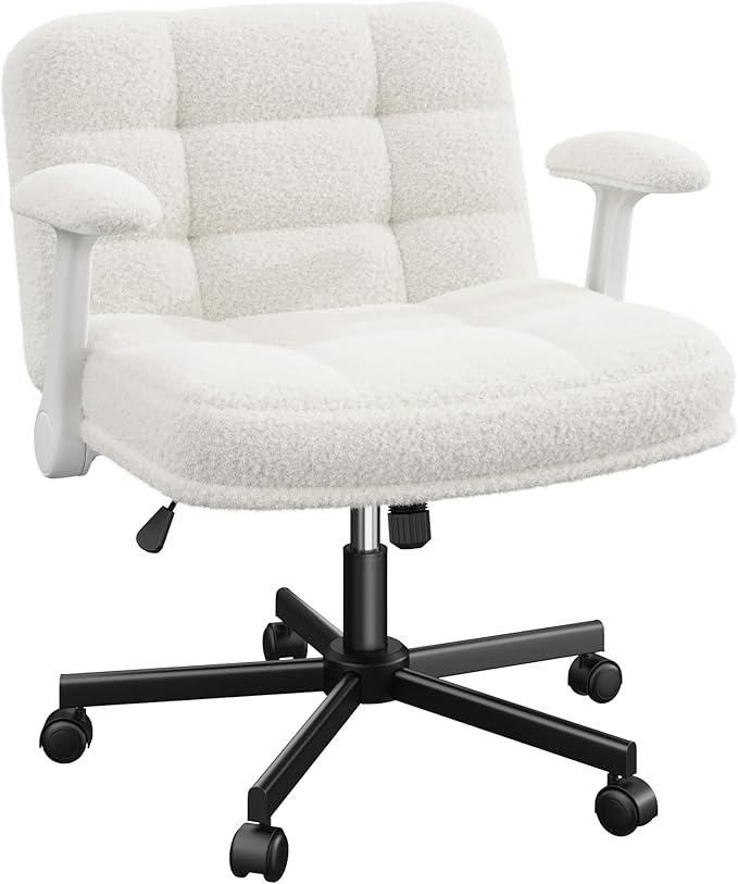 Criss Cross Chair with Wheels, Office Chair with Flip-up Armrests, Vanity Chair for Bedroom, Home Office, Apartment, Plush Fabric, White