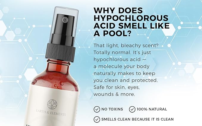 Earth & Elements Hypochlorous Acid Spray 0.015% – pH Balanced HOCl Facial & Body Mist for Redness, Sensitive & Acne-Prone Skin – Soothing Mist – Amber Glass Bottle