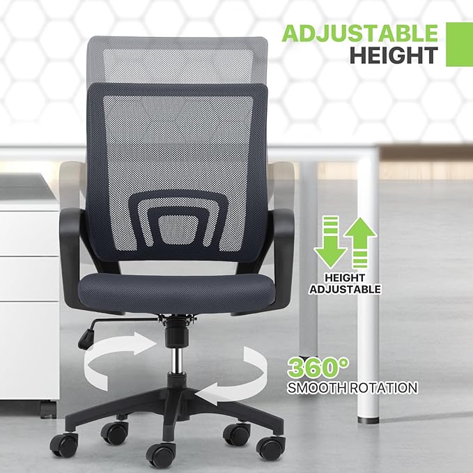 Magshion Ergonomic Office Desk Chair, Mid-Back Mesh Computer Chair, Swivel Chair with Breathable Backrest & Lumbar Support, Adjustable Height for Gaming, Work, Study, 300 Lbs Capacity, Gray