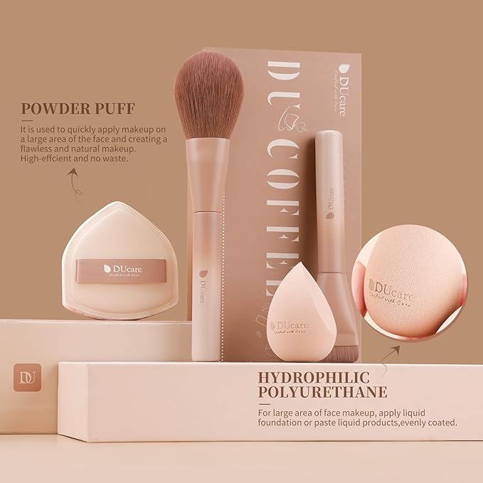 DUcare 14pcs Makeup Gift Set,12Pcs Coffee Series Makeup Brush set with 2pcs Makeup Sponges Foundation Blending Face Powder Blush Eye Shadows Brushes