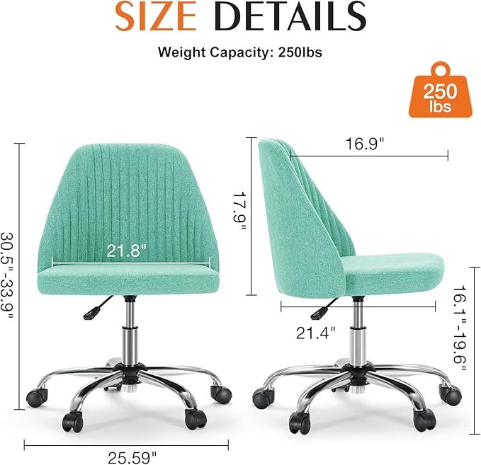 Sweetcrispy Armless Vanity Chair, Cute Comfy Home Office Desk Chair with Wheels, Modern Upholstered Task Computer Seat for Bedroom, Study, Makeup Vanity, Height Adjustable & Swivel, Mint