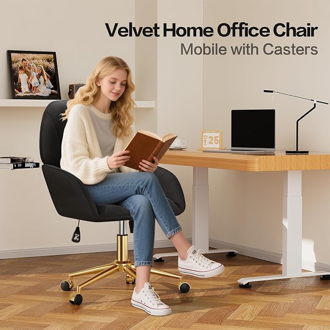 Home Office Desk Chair Comfy with Adjustable Swivel Wheels, Modern Velvet Makeup Vanity Chair with Back & Pillow, Ergonomic Office Chair Computer Task Chair for Living Room, Bedroom, Black