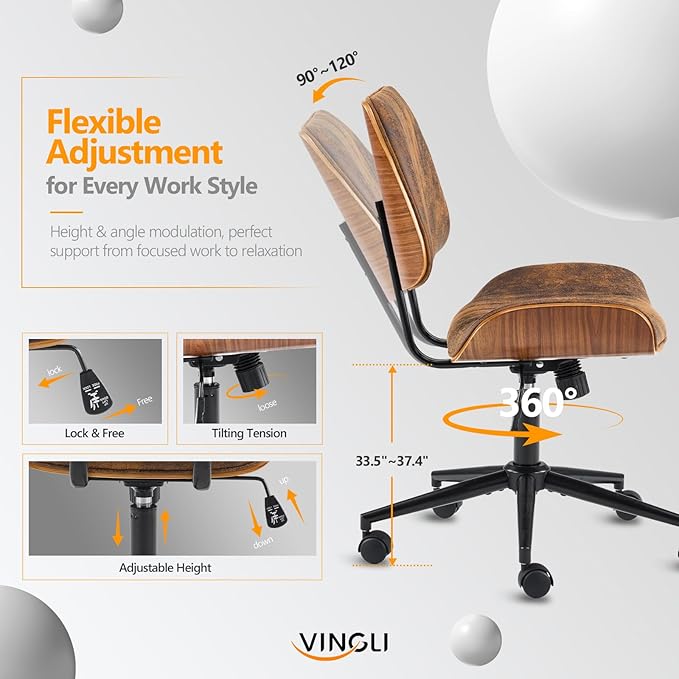 VINGLI Wide Curved Seat&Back Armless Home Office Chair,Ergoromic Adjustable-Height Desk Chair,Swivel&Tilting Function,Stylish Walnut Task Chair for Meeing Room,Dining Room,Vintage Rustic