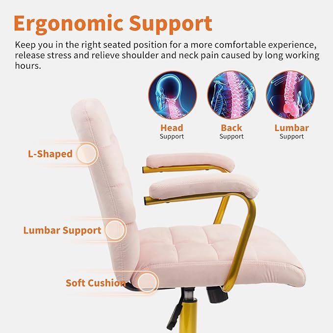 CLATINA Velvet Office Desk Chair with Armrests and Wheels, Modern Upholstered Vanity Chairs with Gold Base, Height Adjustabe Swivel Home Task Chair for Bedroom, Study, Living Room, Work, Pink