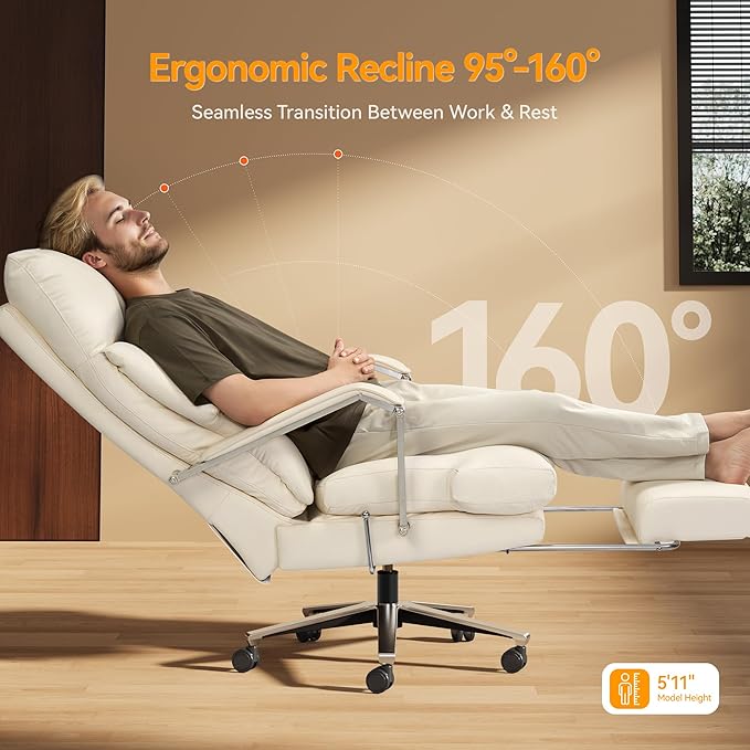 M76 160° Reclining Executive Office Chair with Footrest, Adjustable Seat Depth, 10" Thick Cloud Cushion Desk Chair, 420lb Heavy Duty High Back Leather Desk Chair for Home Office, Cream