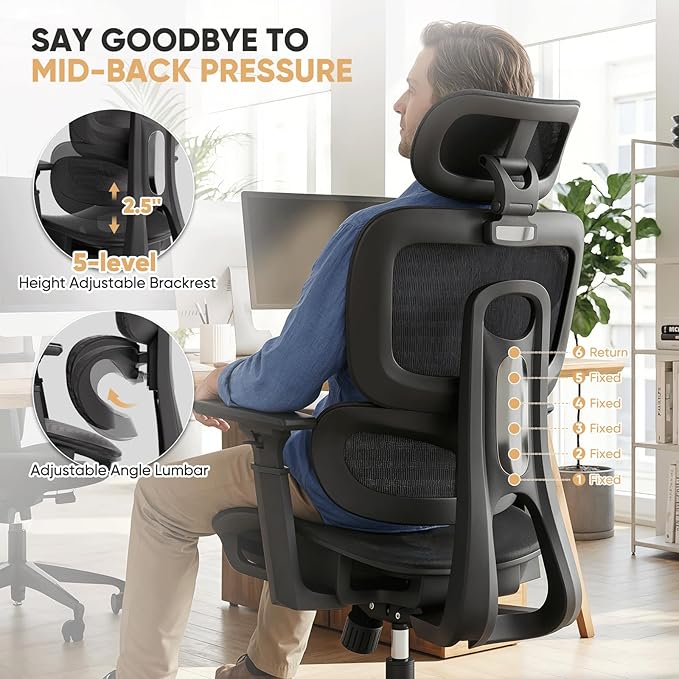 Magshion Ergonomic Office Chair, High Back Desk Chair with Adjustable Headrest, 3D Armrests, Tilt Lock and Lumbar Support, Mesh Computer Chair for Home Office, 350 LBS Capacity, Black