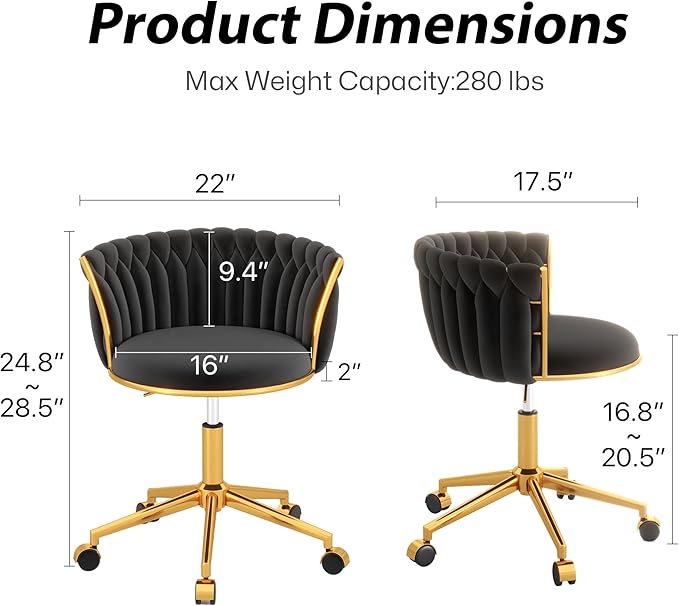 Velvet Woven Home Office Chair, Modern Swivel Desk Chair with Wheels, Height Adjustable Vanity Chair with Gold Metal Base and Hand Weaving Back for Bedroom Study Small Space, Black
