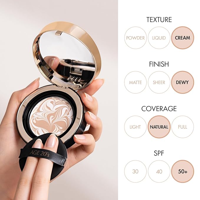 AGE20'S Signature Essence Pact SPF 50+ | Pack of 1 | 13C PORCELAIN | Cream Foundation, Dewy Finish, Natural Coverage | Korean Cushion Foundation