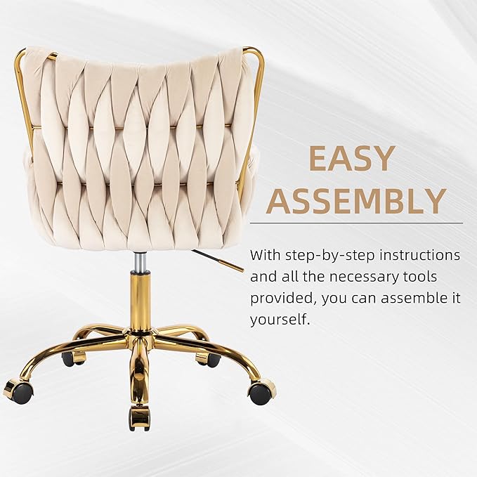 Westice Velvet Desk Chair, Home Office Gold Comfy Chair with Hand Woven Back, Height Adjustable Swivel Chair with Comfy Upholster for Makeup Vanity Living Room Bedroom, Beige
