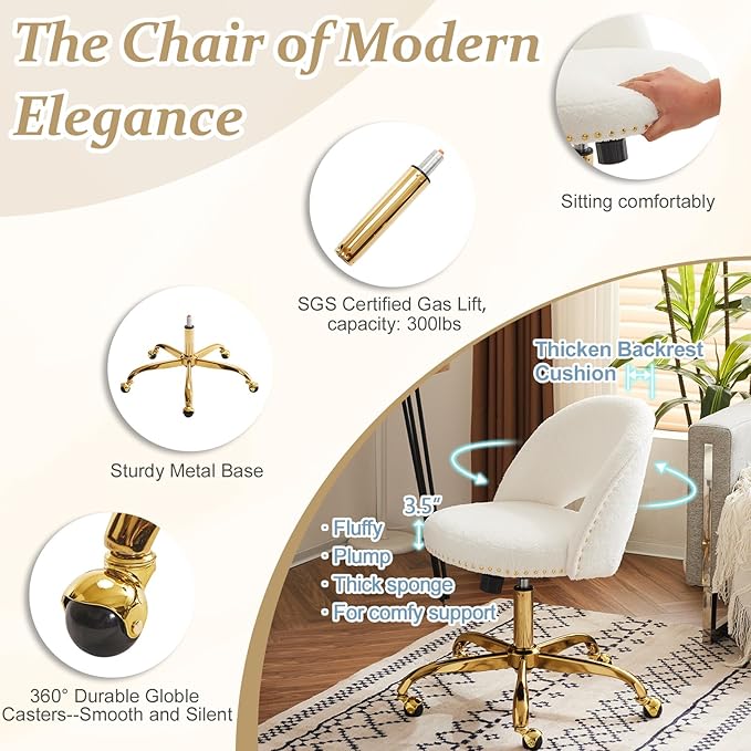 VINGLI Modern Teddy Fluffy Small Office Chair,Cute Desk Chair with Wheels,Gold Base/Studs, Comfy Armless Swivel Vanity Task Chair for Women/Girl/Kids, Nail Tech Chair for Bedroom,Small Space,White