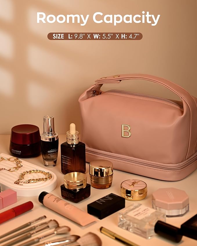 Wedding Gift-Travel Essentials, Presents for Women Makeup Bag with Handle, Initial Cosmetic Bag with Makeup Brush Organizer, PU Leather Travel Toiletry Bag, Gifts for Friends Female Mom