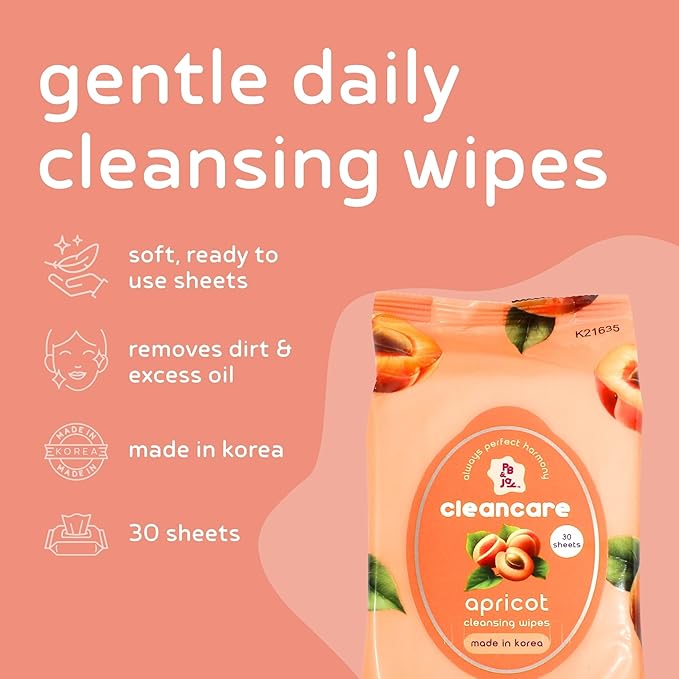 PB & JAY Cleancare Cleansing Wipes – 30 Count – Makeup Remover for Soft, Radiant Skin – Hydrating Korean Face Wipes for Sensitive Skin (Apricot)
