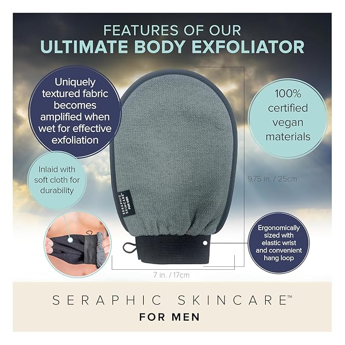 Seraphic Skincare Men Ultimate Body Exfoliating Mitt for Body, Exfoliating Glove & Body Scrubber for Shower Use, Deep Body Exfoliation, Dead Skin Removal & Self Tanner Washcloth