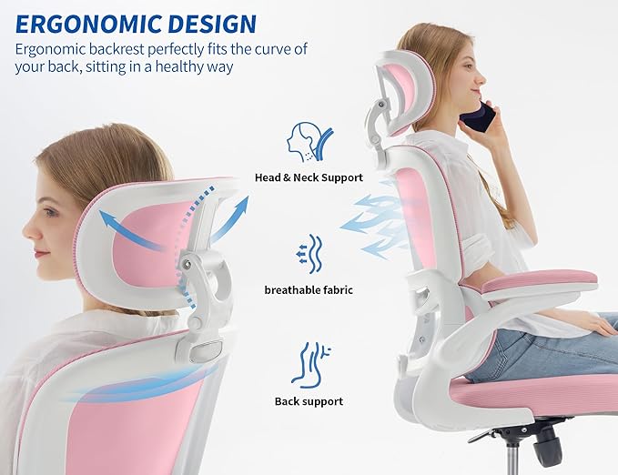 TRALT Ergonomic Office Chair - Desk Chair with Adjustable Headrest Lumbar Support Computer Chair - Mesh Comfy Chair with Flip-up Armrests - Gaming Chairs for Adults Home Office (Leather, Pink)