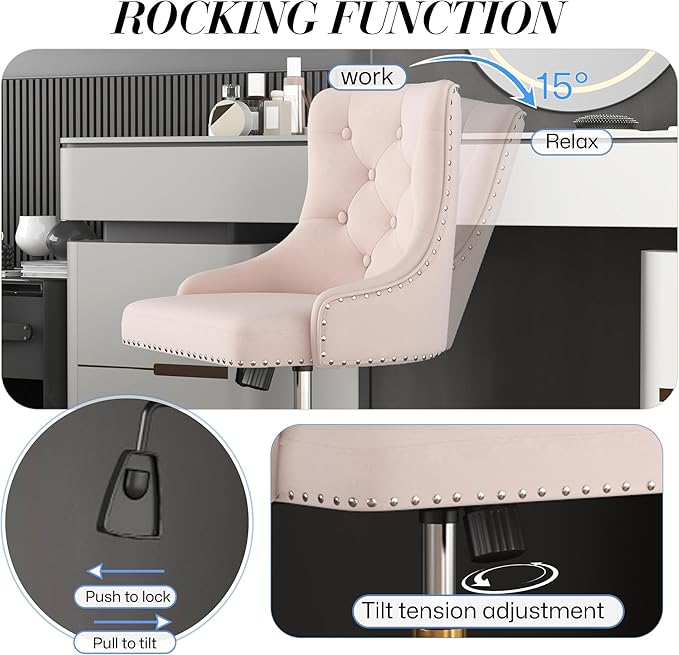 Velvet Armless Home Office Desk Chair, Swivel Height-Adjustable Small Cute Vanity Chair for Women/Girls, Comfy Makeup Chair with Rivet and Gold Base for Living Room, Bedroom(Light Pink)