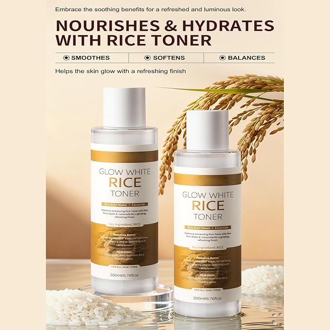 Glow White Rice Toner - Milky Rice Water Hydrating Facial Toner, Brightening Skin Care Toner with Rice Bran & Ceramide, Gentle for All Skin Types (200ml)
