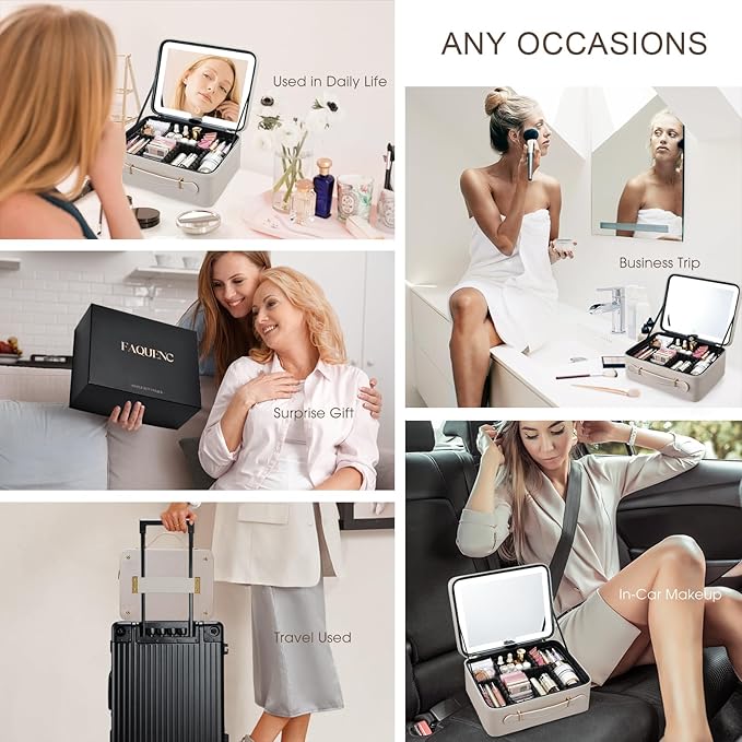 Leather Makeup Case with LED Lighted Mirror 11.4 Inch Travel Makeup Bag Adjustable Brightness in 3 Colors Cosmetic Organizer Artist Storage Bag with Dividers Brush Holder Bag Vanity Pale Gold