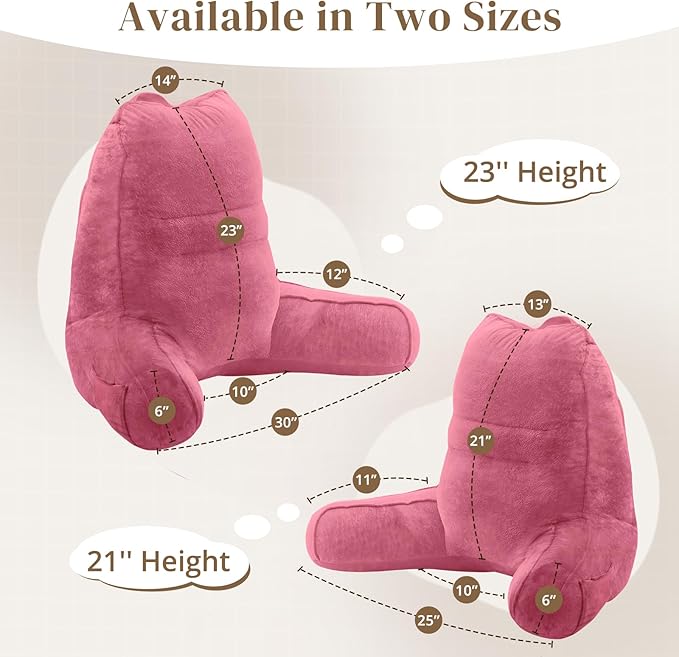 Sasttie Reading Pillow for Bed - 23 Inch, Back Pillow for Bed Sitting Up, Back-Rest Support Cushion with Side Pockets and Arms, Dorm Essentials, Oeko-Tex Certified, Rose Pink
