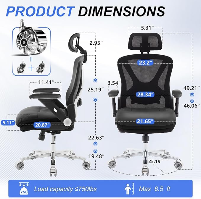 750lbs Ergonomic Office Chair,Upgrade Big and Tall Office Chairs for Heavy People,Mesh High Back Desk Chair with 5D Flip Arms Large Wheels,Adjustable Headrest & Lumbar Support,2 Pack