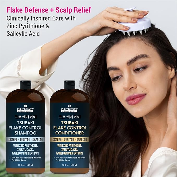 Korean Flake Control Shampoo & Conditioner Set – Fights Hair Loss, Dandruff, Lice & Itchy Scalp, Promotes Hair Growth With Zinc Pyrithione, Salicylic Acid - Free from Harsh Sulfates & Parabens –16 oz