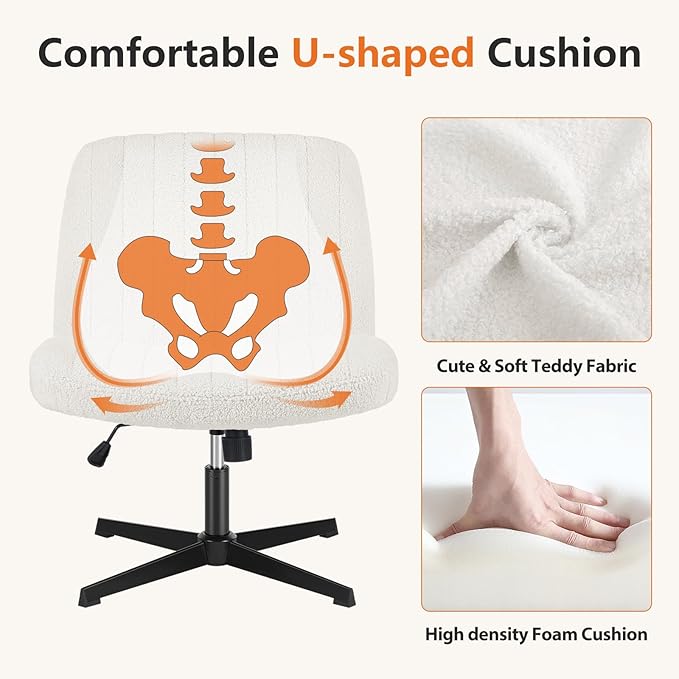 Sweetcrispy Criss Cross Chair Legged, Armless Office Wide Desk Chair No Wheels, Swivel Vanity Height Adjustable Fabric Modern Computer Task Seating for Home - Teddy Beige