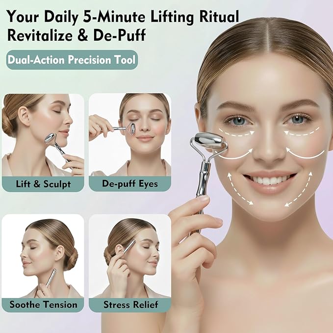 3-in-1 Stainless Steel Face Roller & Gua Sha Set – Cooling Facial Massager Tools for Sculpting, De-Puffing & Jawline Definition