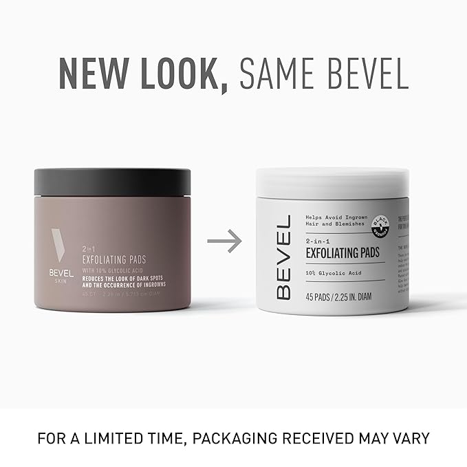 Bevel 10% Glycolic Acid Toner Pads for Face,Helps Remove Dead Skin Cells and Reduce Ingrown Hairs for Even Skin Tone and Texture,(Packaging May Vary),45 Count (Pack of 2)