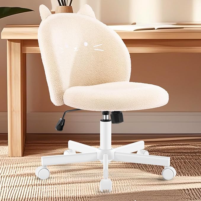 Vanity Chair with Cat Back,Armless Desk Chair Cute Small Office Chair,Teddy Fabric Computer Chair with Adjustable Height,120°Tilting,Rolling,Swivel for Vanity,Kids Room,Office,Bedroom Beige