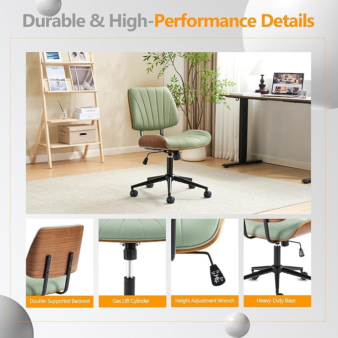VINGLI Wide Curved Seat&Back Armless Home Office Chair,Ergoromic Adjustable-Height Desk Chair,Swivel&Tilting Function,Stylish Walnut Task Chair for Meeing Room,Dining Room,PU,Olive Green