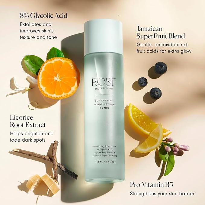 ROSE Ingleton MD SuperFruit Glycolic Acid 8% Exfoliating Toner, AHA Toner for Hyperpigmentation, Dark Spots, Bumpy Texture & Uneven Skin Tone, Fragrance Free, Alcohol Free, Vegan, 5 fl oz