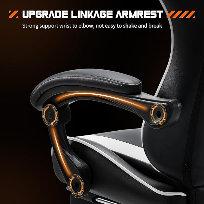 NEWBULIG Computer Gaming Desk Chair - High Back Ergonomic Lumbar Support with Footrest and Headrest, Comfy PU Leather Recliner with Linkage Armrest, Height Adjustable and 360° Swivel, White
