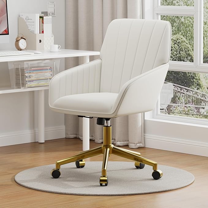 YISHENG Velvet Home Office Chair with Gold Base Upholstered Tufted Modern Height Adjustable 360 Degree Swivel Desk Chair with Wheels, Vanity Chairs for Living Room, Bedroom,Study Room (Cream)