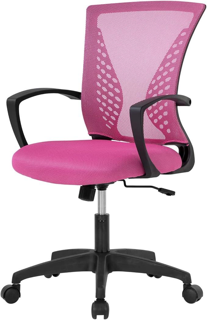 FDW Home Office Chair Mid Back PC Swivel Lumbar Support Adjustable Desk Task Computer Ergonomic Comfortable Mesh Chair with Armrest (Pink)
