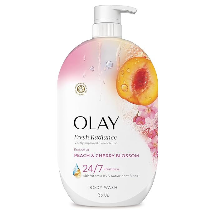 Olay Body Wash for Women, Fresh Radiance, 24/7 Skin-Loving Freshness, Visibly Radiant, Plant Based Cleansers, Vitamin B3 & Antioxidant Blend, For All Skin Types, Peach & Cherry Blossom Scent, 35 fl oz