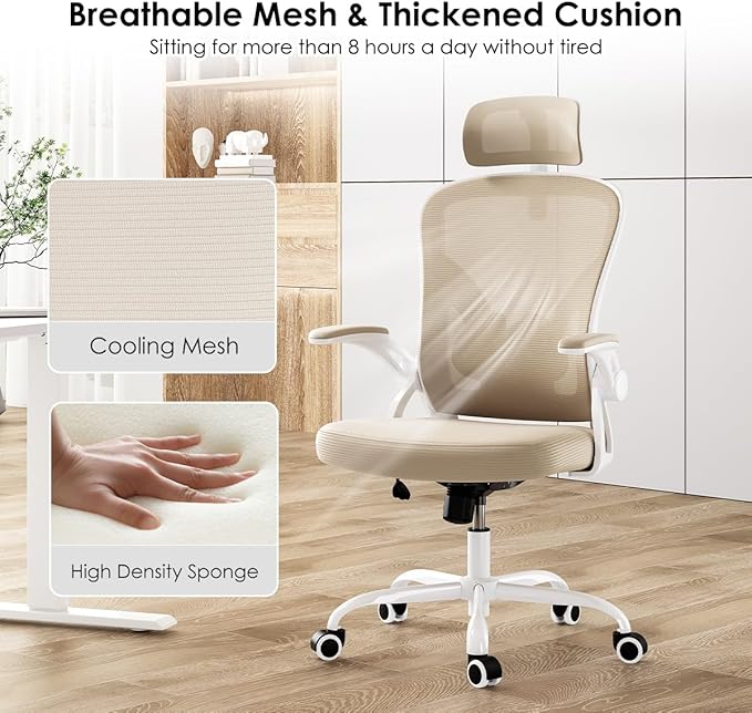 Farini Ergonomic Office Chair, Home Office Desk Chair with Headrest, High Back Swivel Computer Chair with Armrests and Adjustable Lumbar Support for Home Office Study Room, White & Khaki