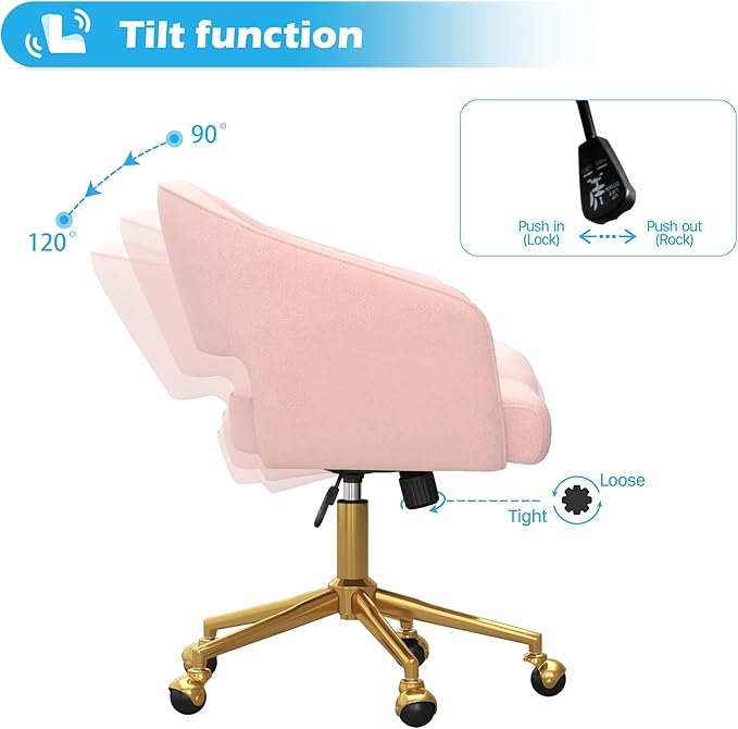 Home Office Chair Swivel Velvet Desk Chair Accent Armchair Upholstered Modern Tufted Chairs with Gold Base for Girls Women Ergonomic Study Seat Computer Task Stools for Living Room(Pink)